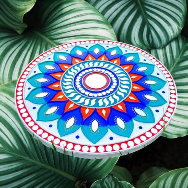 14” Mandala Lippan Art on Wooden Board: Handmade Indian Mud and Mirror Artwork