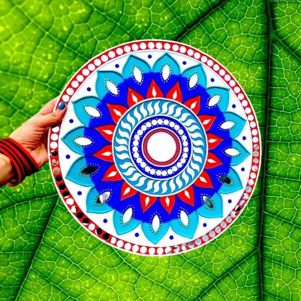 14” Mandala Lippan Art on Wooden Board: Handmade Indian Mud and Mirror Artwork - Image 2