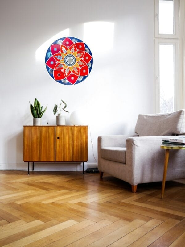 13” Mandala Lippan Artwork: Handmade Mud and Mirror Flower Design - Image 2