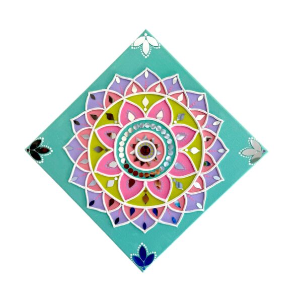 12” Mandala Lippan Artwork: Handmade Mud and Mirror Flower Design - Image 3