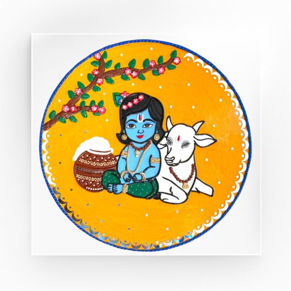 "Little Krishna" Lippan Art - 15.3” round wooden board