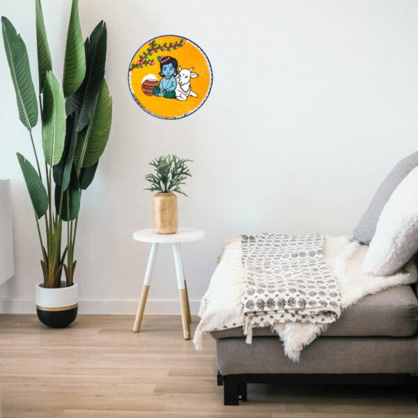 "Little Krishna" Lippan Art - 15.3” round wooden board - Image 2