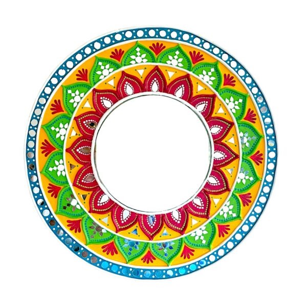 15.3” Mandala Lippan Art on Wooden Board: Handmade Indian Mud and Mirror Artwork