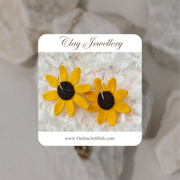 Handmade Polymer Clay sunflower hoop earrings - Image 2