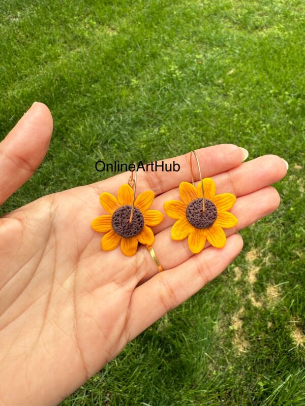 Handmade Polymer Clay sunflower hoop earrings - Image 3