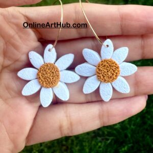 Polymer Clay white Daisy hoop earrings