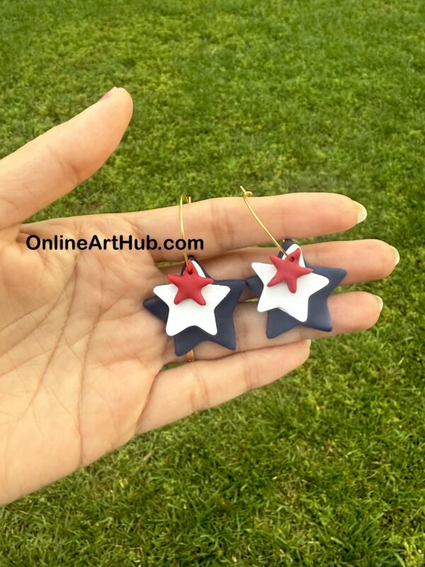 Handmade Polymer clay 4th of July star hoops. - Image 3