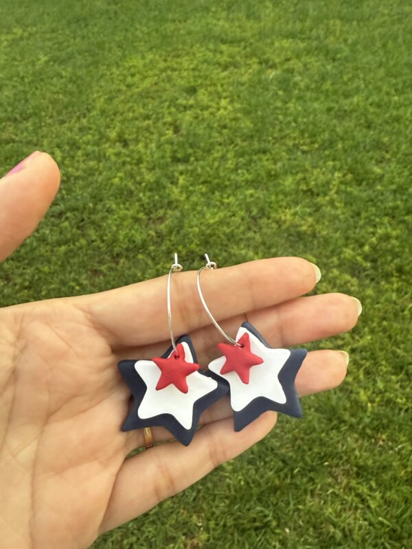 Handmade Polymer clay 4th of July star hoops. - Image 2