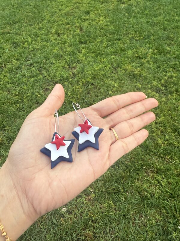 Handmade Polymer clay 4th of July star hoops. - Image 4