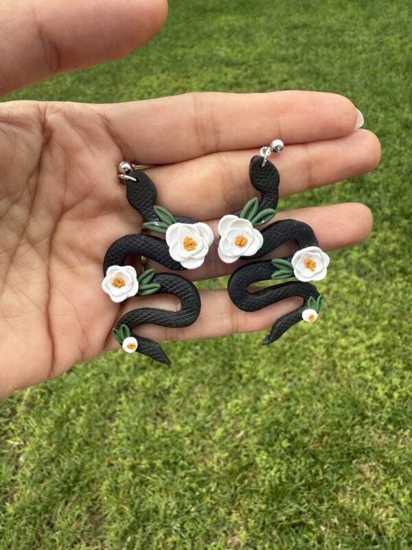 Handmade Polymer Clay floral snake earrings - Image 2
